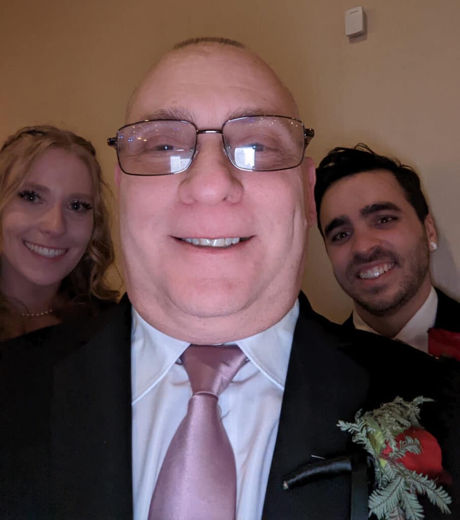 Selfie time! Father of the bride David Ritter taking a selfie with daughter Rachel and son-in-law Zach on their wedding day!