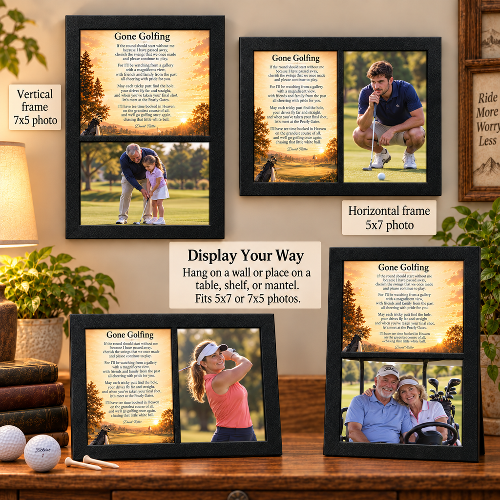 Gone Golfing black wood memorial photo frame shown in vertical and horizontal arrangements.