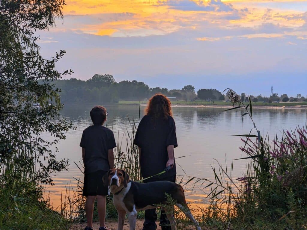 I’m Not a Beagle, Sonny with my grandkids looking at a suntset looking over Mott Lake