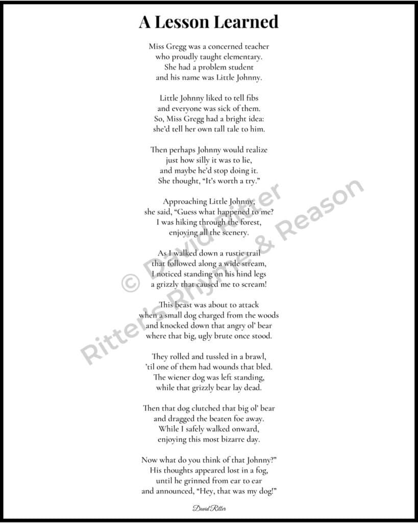 Printable 8×10 version of A Lesson Learned poem by David Ritter with watermark and bordered design, showing the full poem layout included in the download.