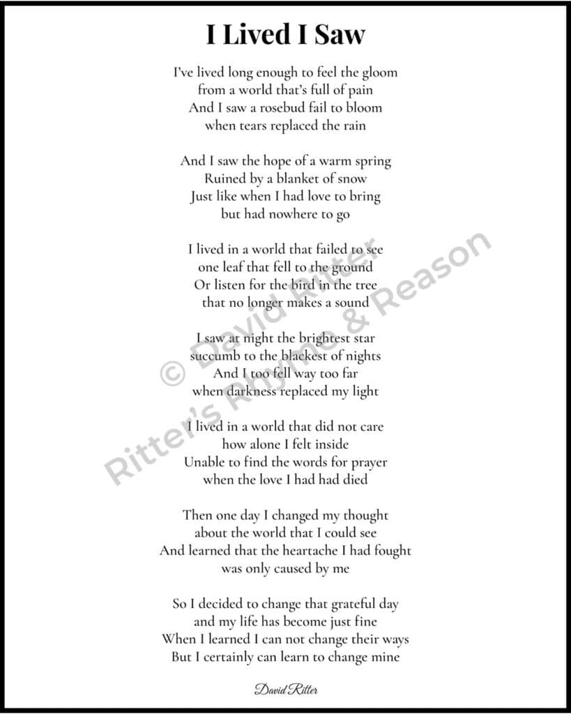 Printable 8×10 version of I Lived I Saw poem by David Ritter, shown with a watermark and black border — included in the $1 download package.