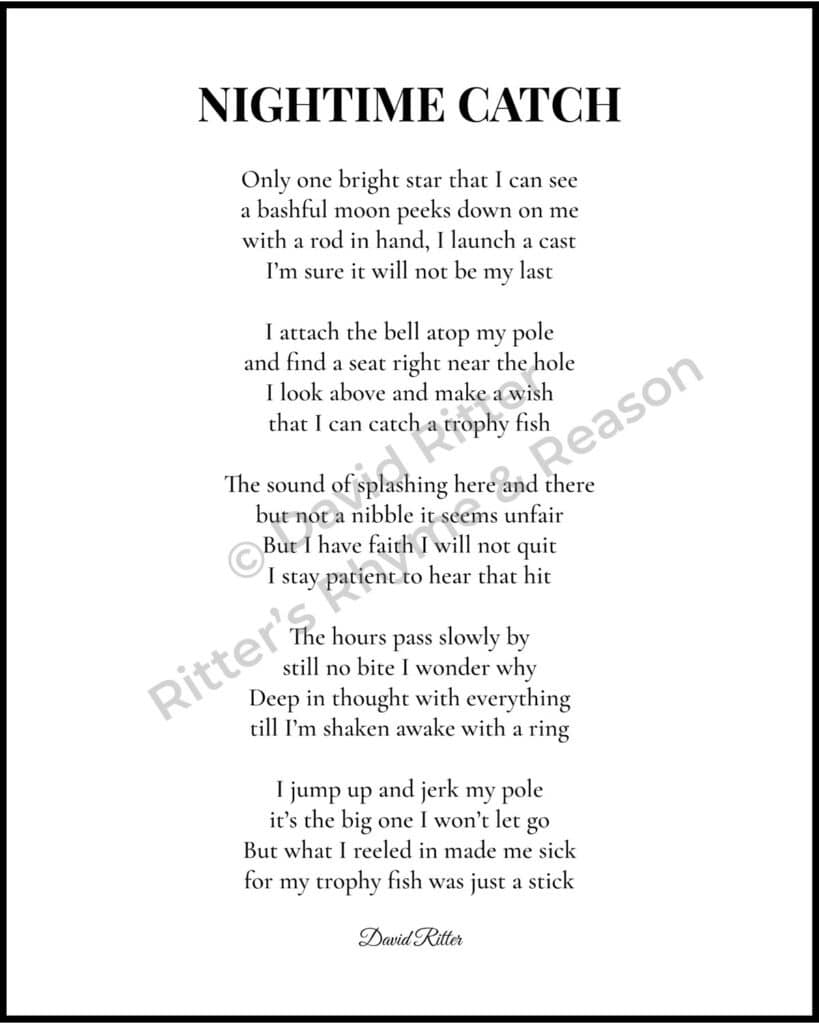Nighttime Catch printable poem 8×10, watermarked sample page, humorous fishing poem by David Ritter