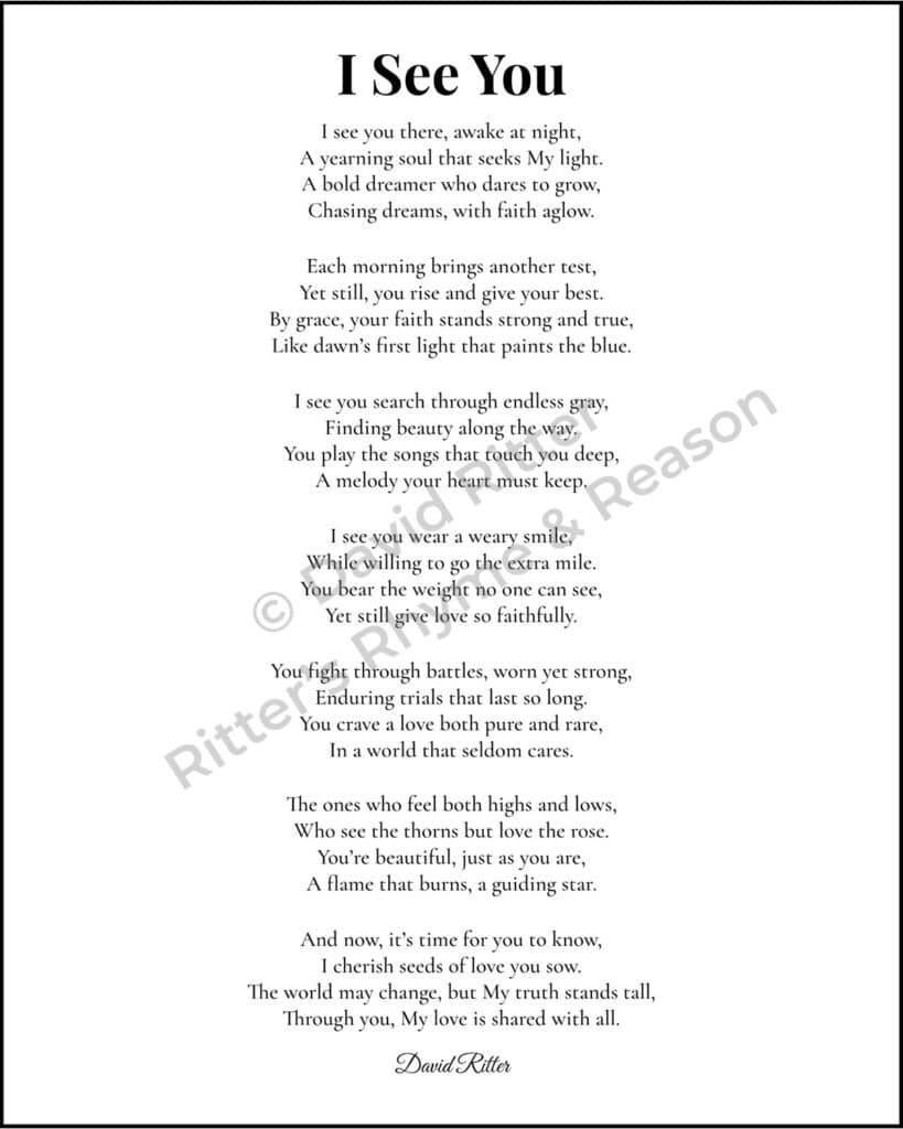 Printable “I See You” poem by David Ritter — a heartfelt Christian poem about faith, comfort, and God’s loving presence.