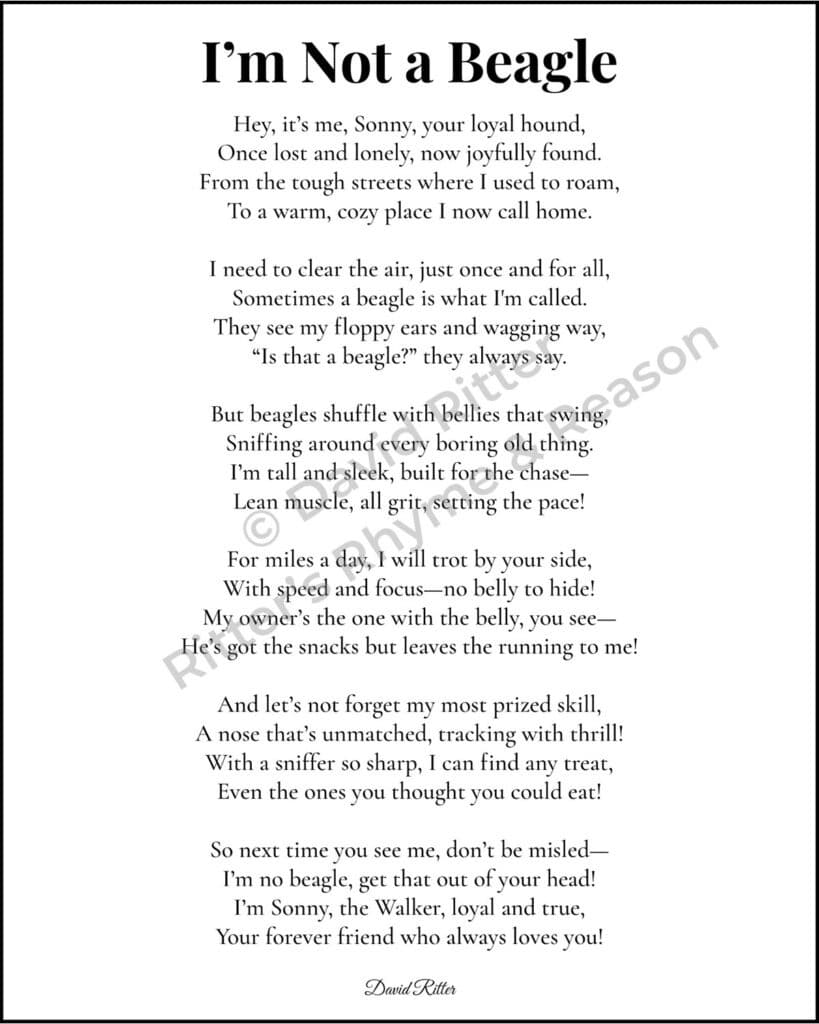 Watermark preview of “I’m Not a Beagle” — 8×10 dog poem print design