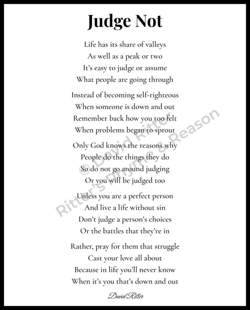 “Printable 8×10 Judge Not poem by David Ritter — faith-based poetry download about empathy and grace.”