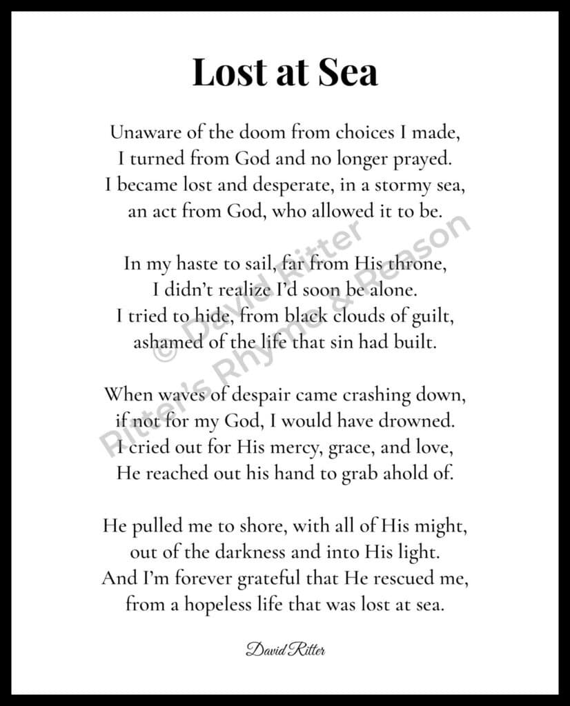 “Lost at Sea” poem by David Ritter with watermark — an inspirational Christian poem about redemption, faith, and God’s mercy, displayed in black text on a white background.