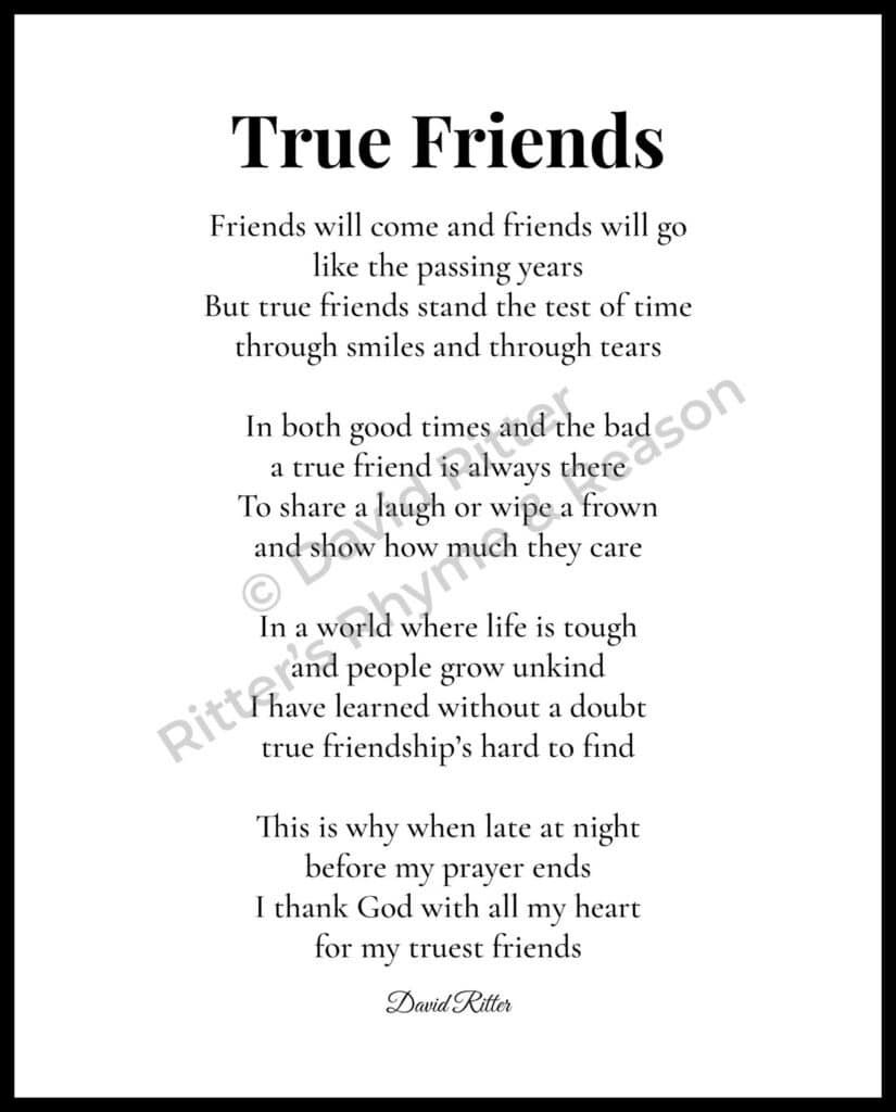 True Friends poem by David Ritter displayed on a cream background with a soft watermark, elegant serif font, and centered text — printable 8×10 poem about lasting friendship.