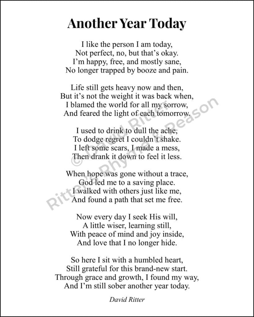 Printable poem “Another Year Today” by David Ritter — a heartfelt recovery poem about gratitude, faith, and staying sober one day at a time.