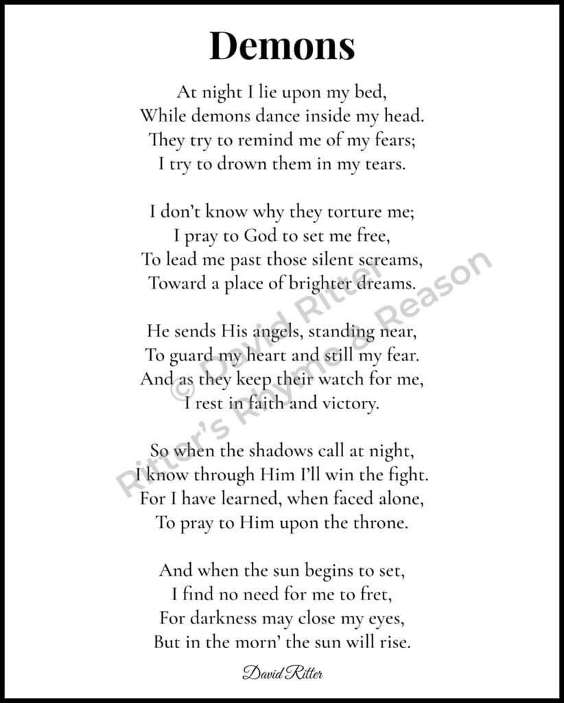 Watermark preview of “Demons” poem — 8×10 print layout