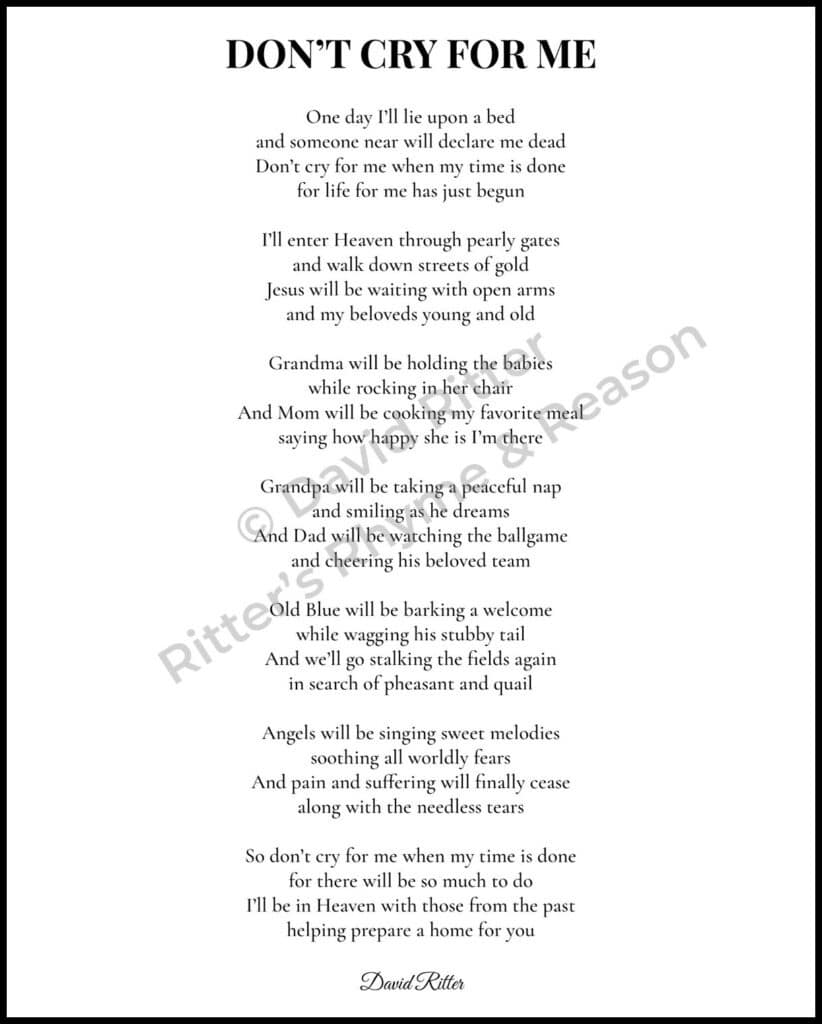 Watermark preview of “Don’t Cry for Me” poem — 8×10 layout