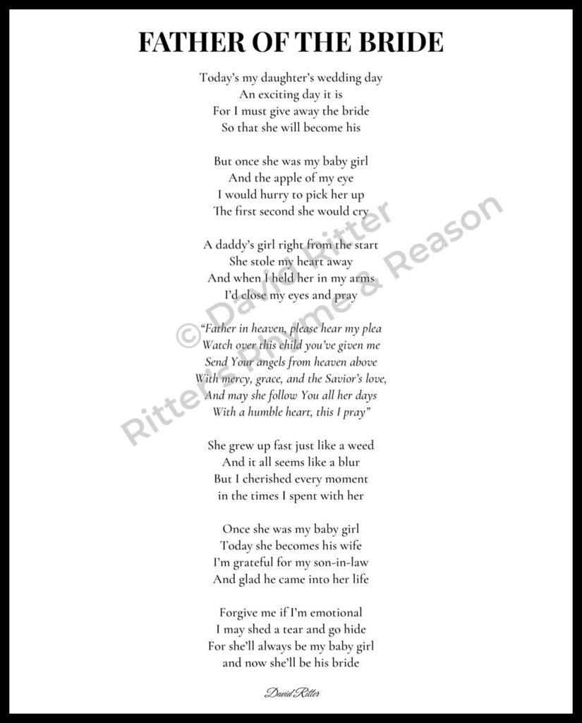 Father of the Bride poem by David Ritter – wedding poem printable wall art digital download, 8x10 watermarked preview