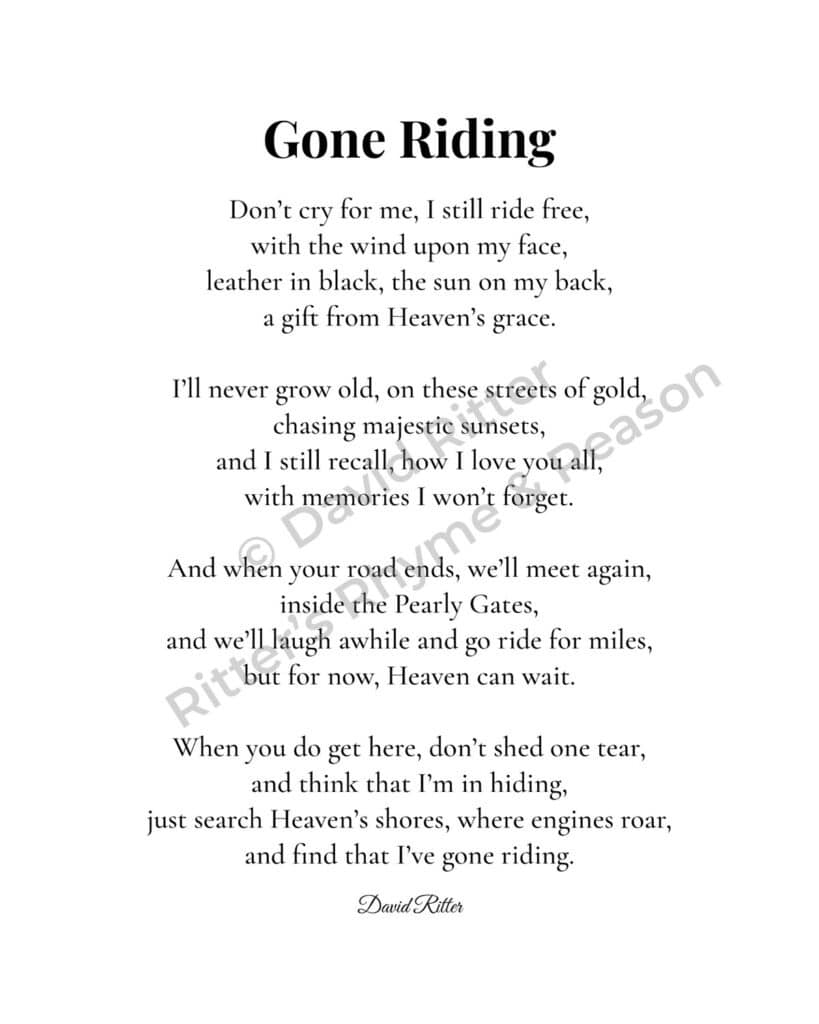 Gone Riding memorial poem by David Ritter with watermark, printable sympathy gift for riders in 8×10 size.