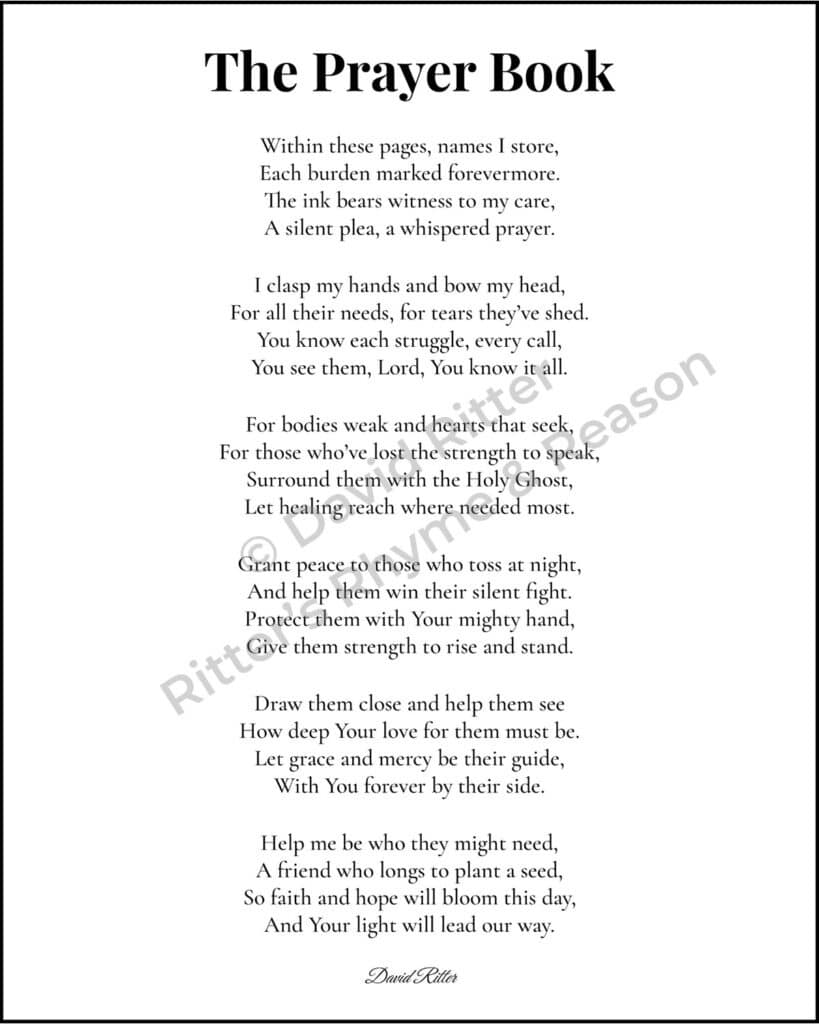 Printable 8×10 JPG of The Prayer Book by David Ritter — an inspirational Christian poem about prayer, compassion, and God’s healing grace.