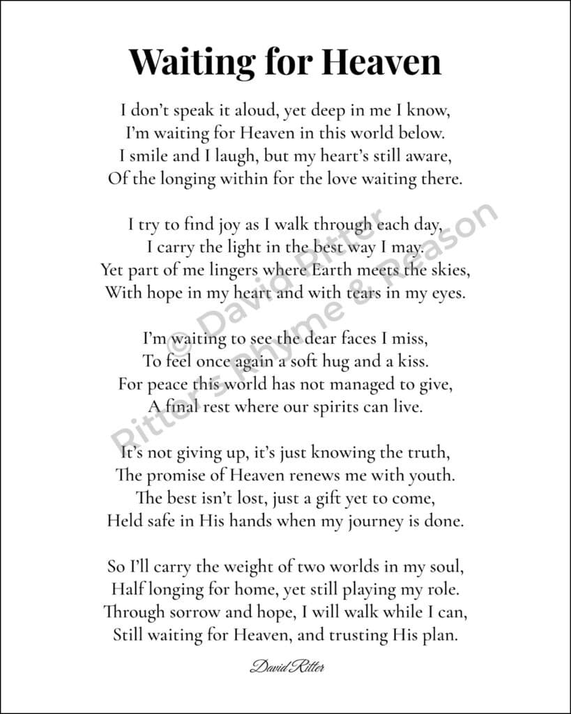 Printable poem “Waiting for Heaven” by David Ritter displayed in elegant black script on white background — a comforting poem about faith, loss, and eternal reunion.