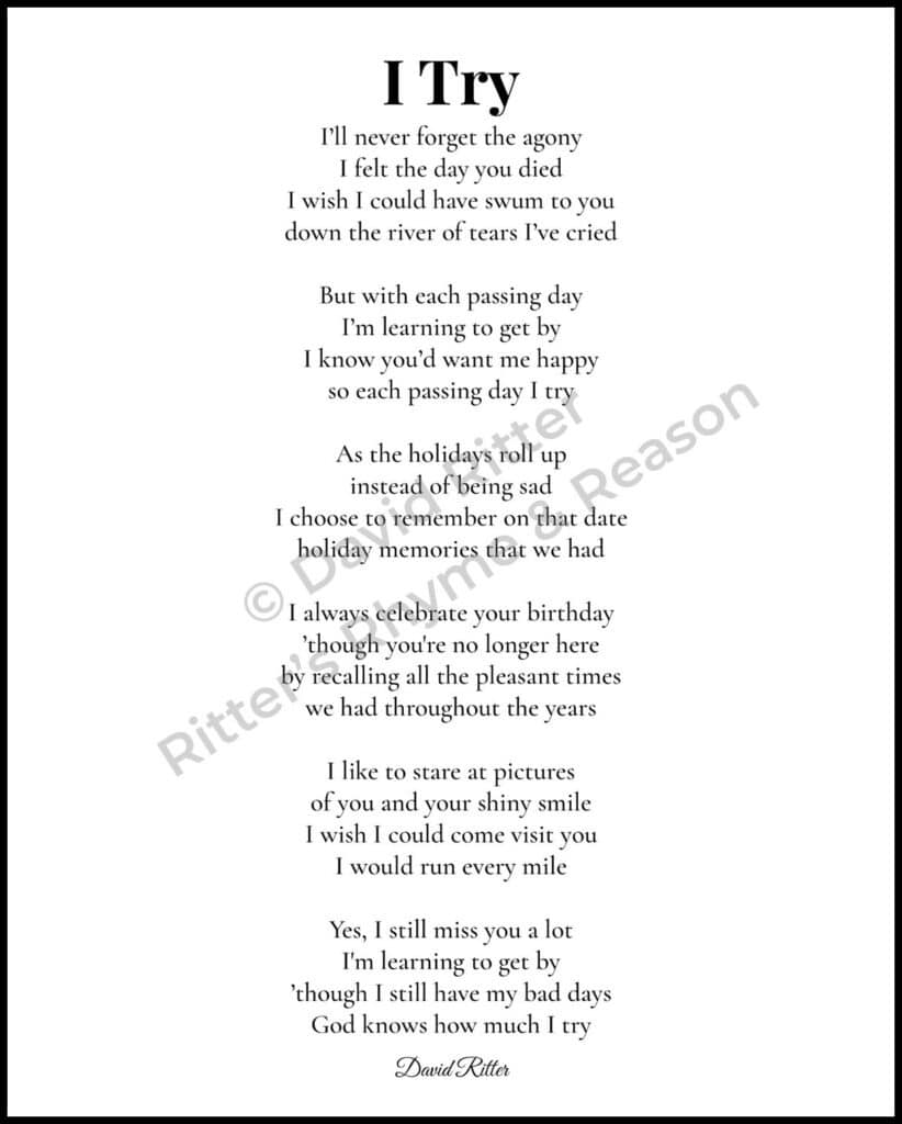 Watermarked 8×10 version of the poem “I Try” by David Ritter in black text on a white background, designed for printing and framing.