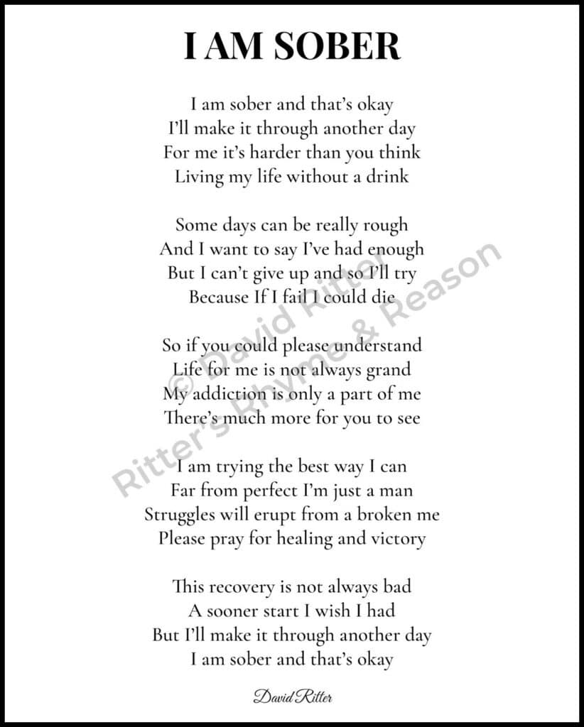 Watermark preview of “I Am Sober” poem — 8×10 print layout