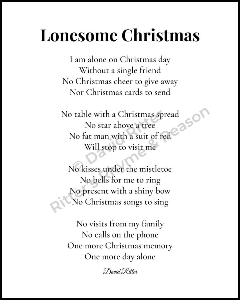 Watermarked 8×10 preview of the poem “Lonesome Christmas” by David Ritter, showing the printable design included in the digital download.