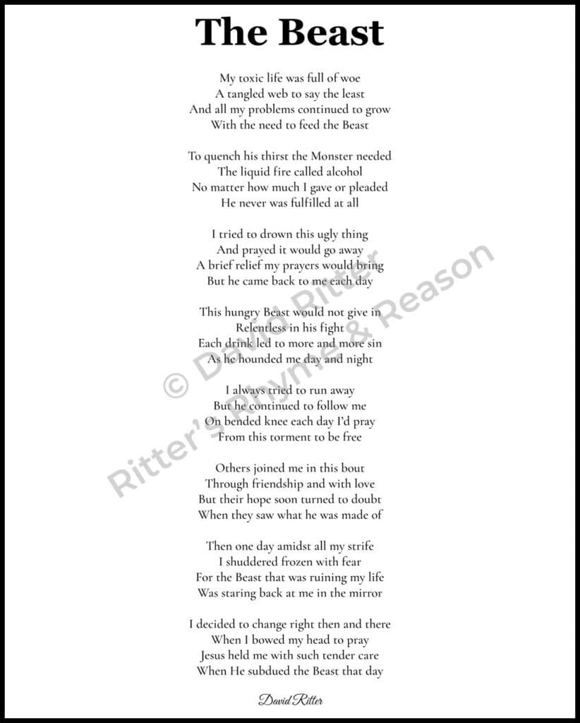 “The Beast” addiction recovery poem printable 8×10 by David Ritter, watermarked preview