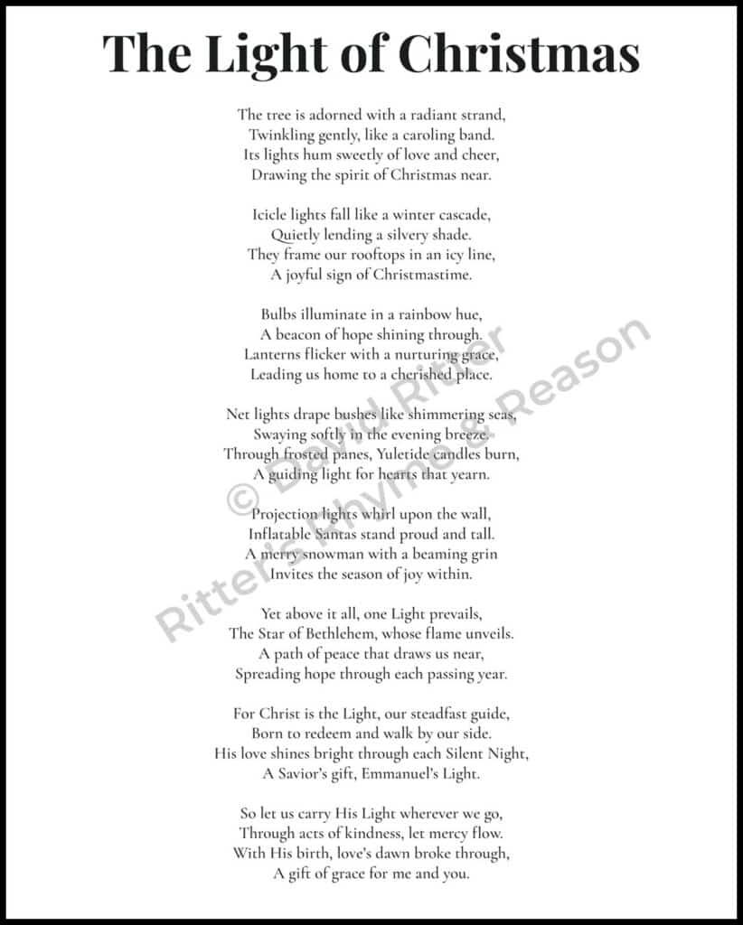 A watermarked 8×10 preview of the poem “The Light of Christmas” by David Ritter, formatted for printing and shown with clean centered text on a white background.