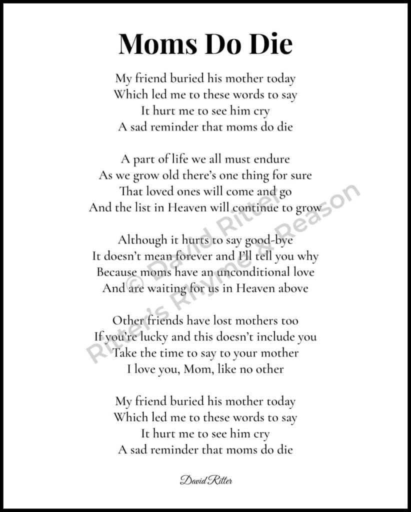 Watermarked 8×10 preview of the poem “Moms Do Die” by David Ritter showing the full poem text