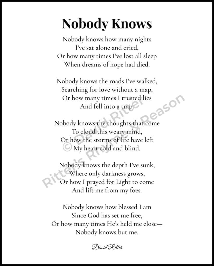 Watermarked preview of the poem “Nobody Knows” by David Ritter (8×10 format)