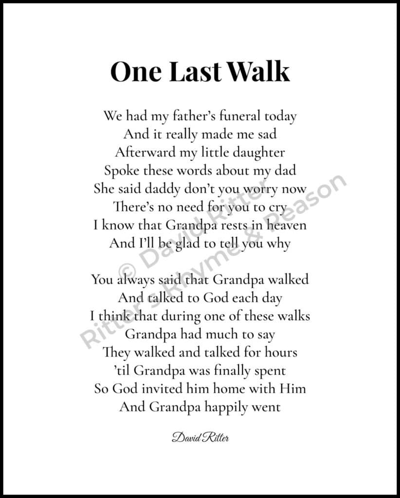 One Last Walk poem by David Ritter – printable 8×10 JPG preview with watermark for digital download.
