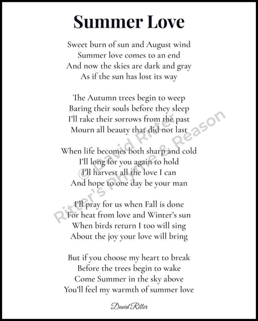 Watermark preview of “Summer Love” poem by David Ritter, 8x10 print layout.
