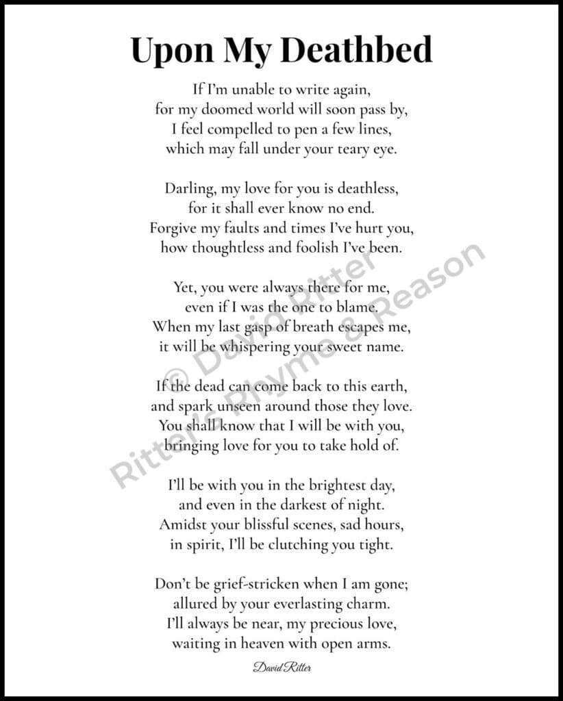 Watermarked 8×10 preview image of the poem “Upon My Deathbed” by David Ritter showing the full poem text