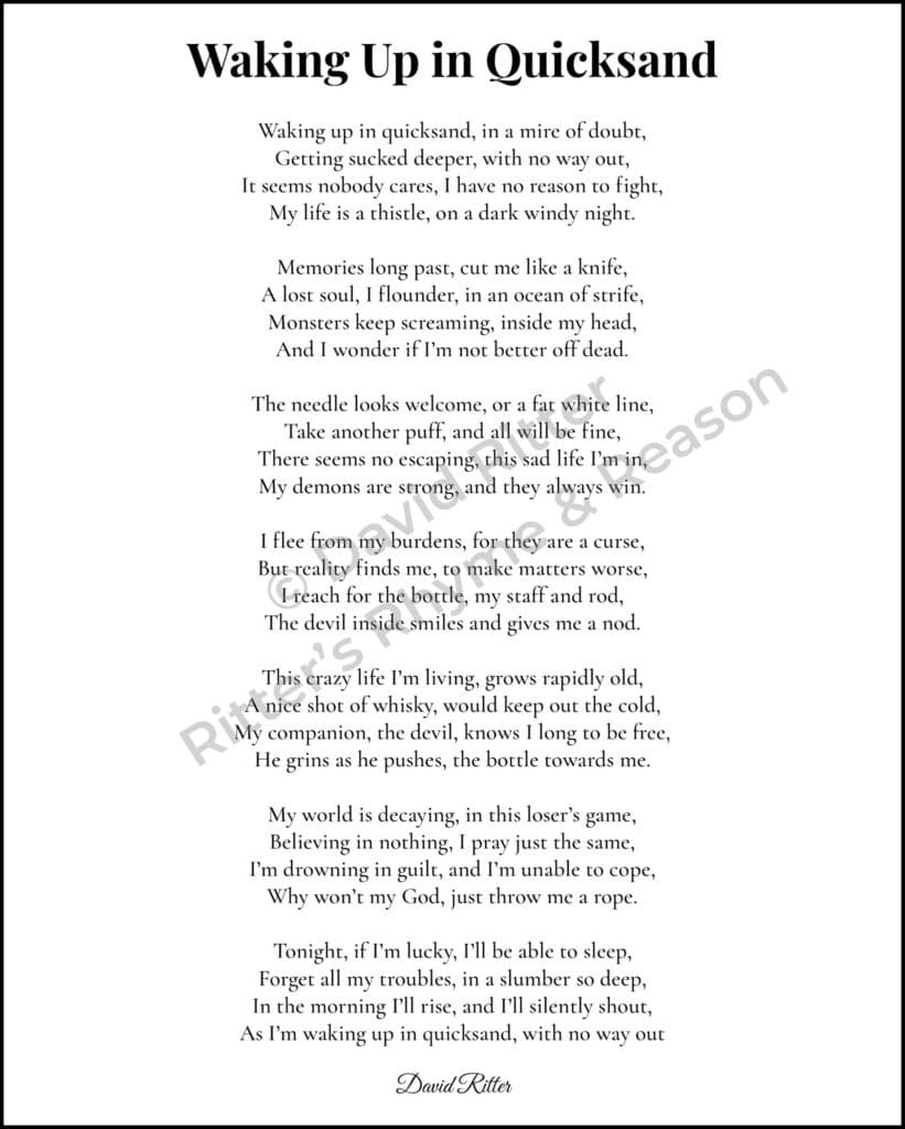 Watermarked 8×10 preview of the poem “Waking Up in Quicksand” by David Ritter, showing the printable design included in the digital download.