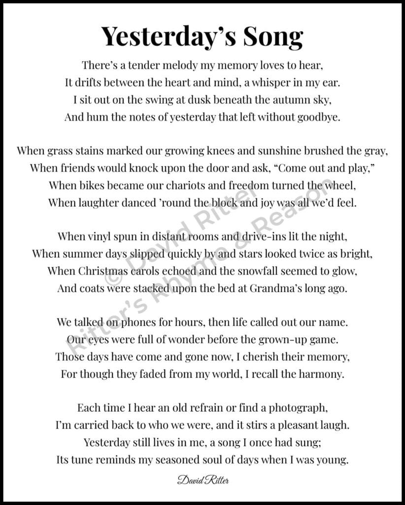 Yesterday’s Song poem by David Ritter — 8×10 printable digital download with watermark.