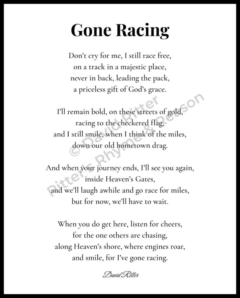 Watermarked preview of the poem “Gone Racing” by David Ritter on a white canvas