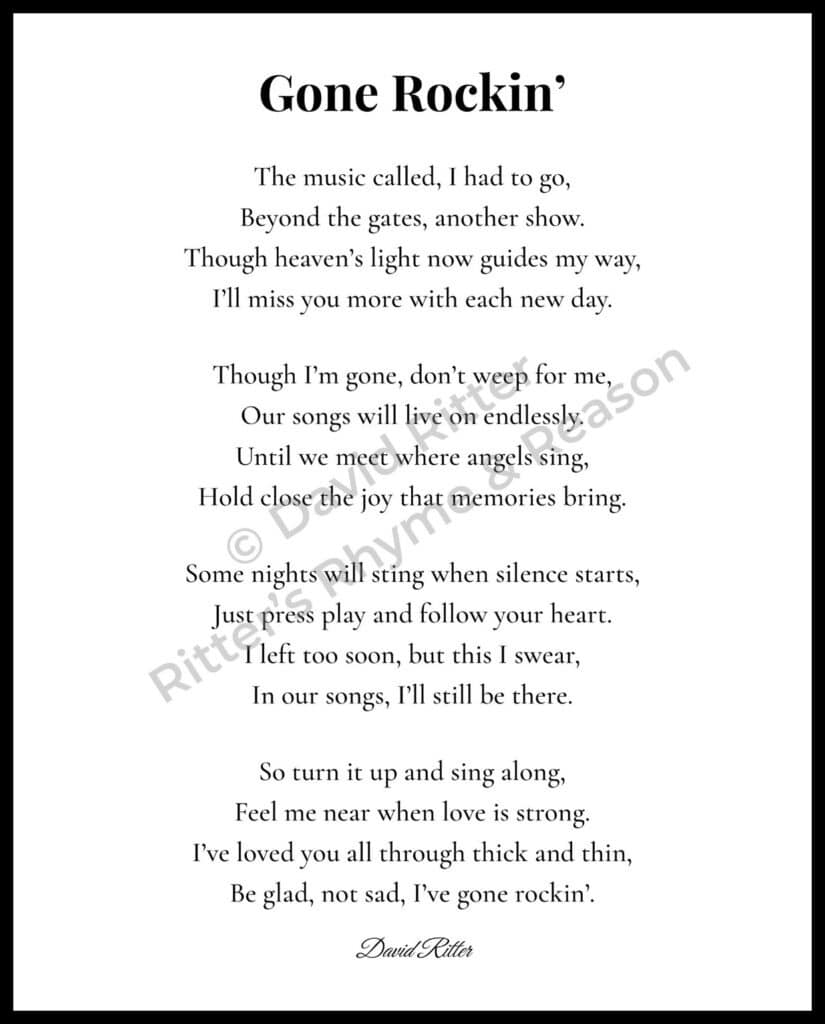 Watermarked preview of the poem “Gone Rockin’” by David Ritter on a white canvas