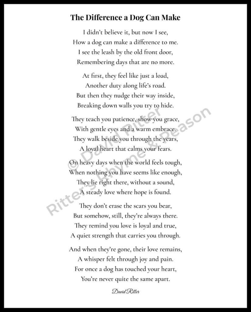 8x10 printable dog memorial poem The Difference a Dog Can Make by David Ritter with watermark preview.
