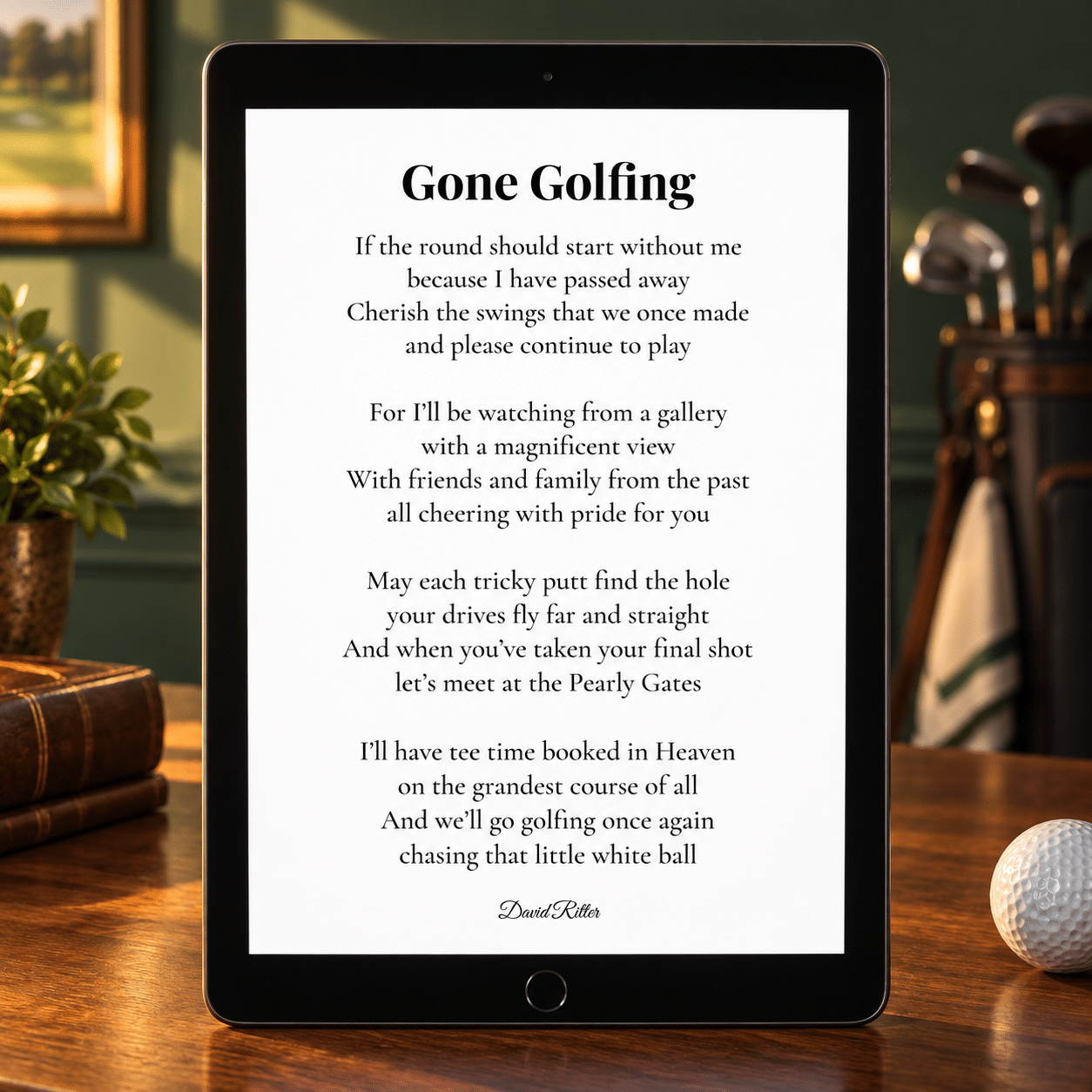 Gone Golfing printable memorial poem displayed as a remembrance gift