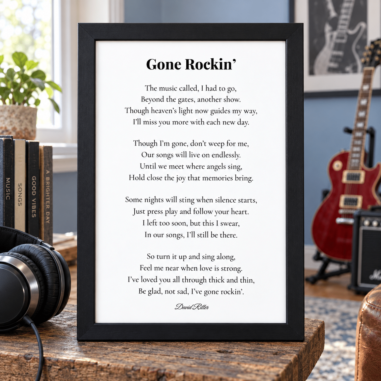 Gone Rockin printable memorial music poem displayed as a remembrance tribute