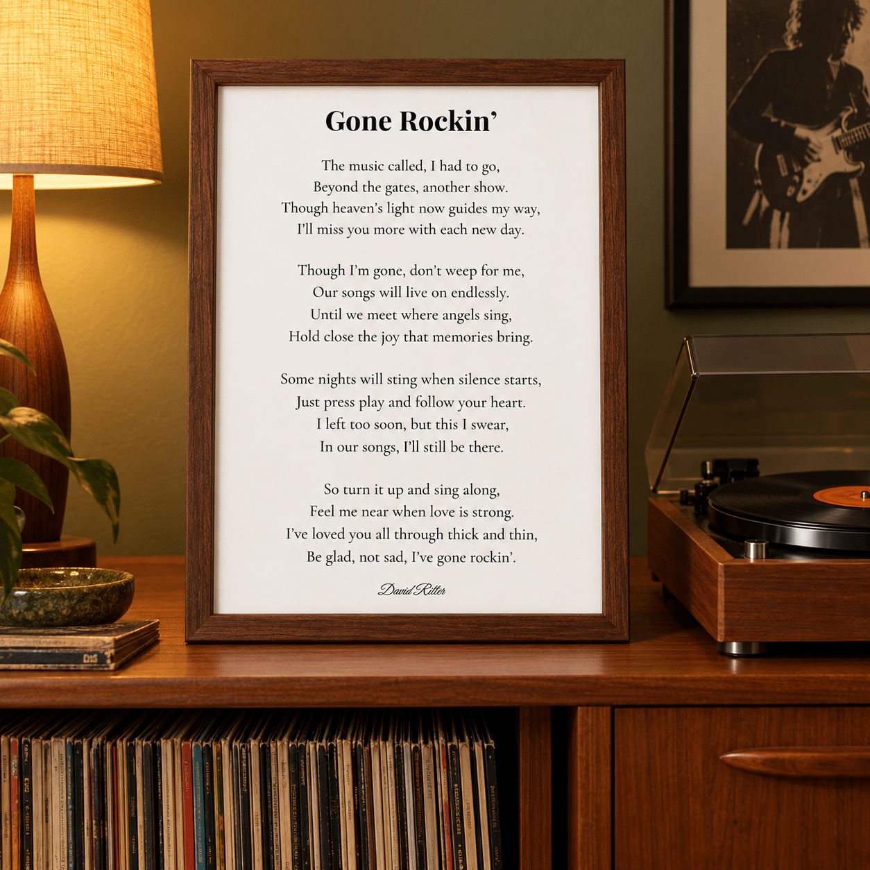 Gone Rockin digital memorial poem honoring someone who loved music and shared songs