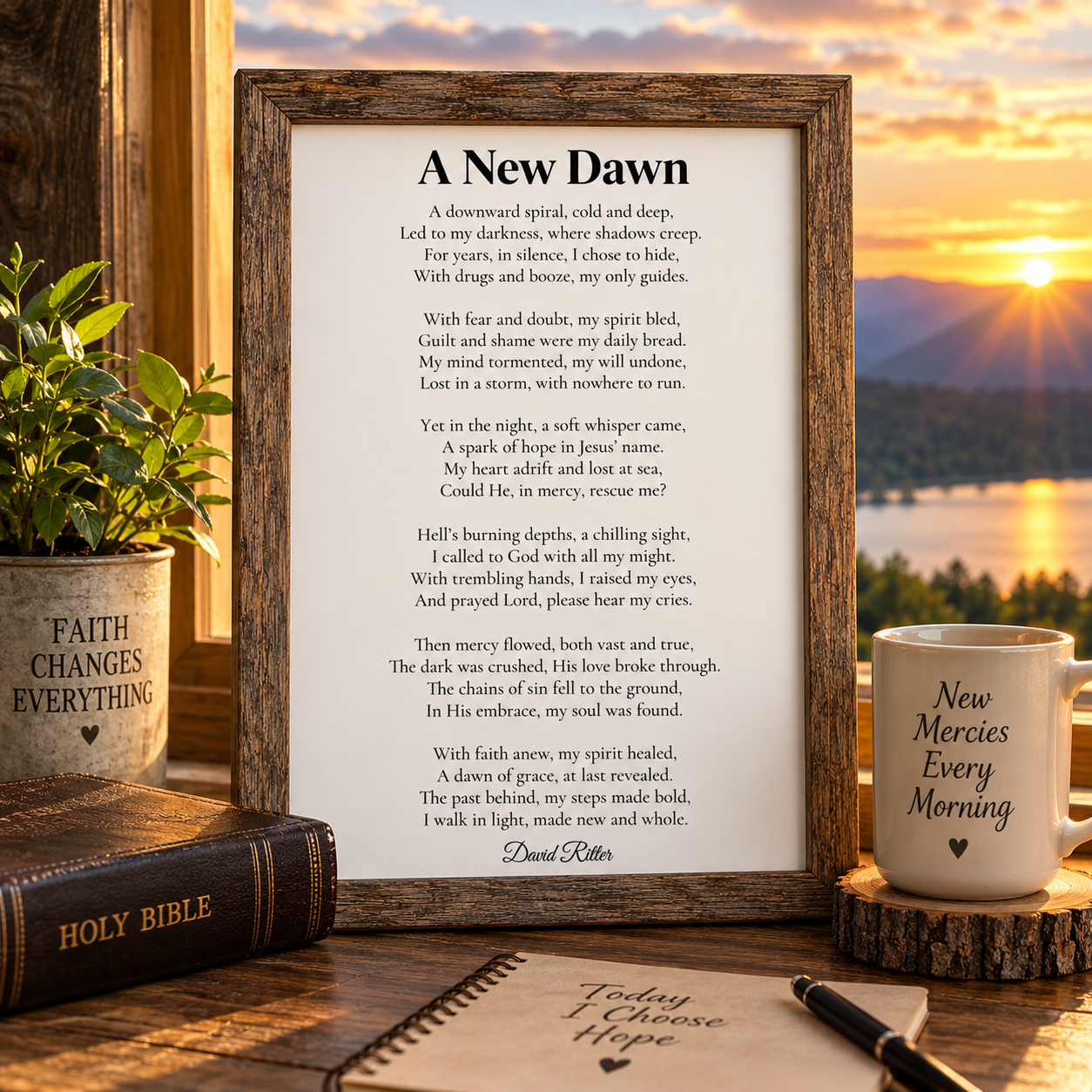 Framed display example of A New Dawn poem by David Ritter.