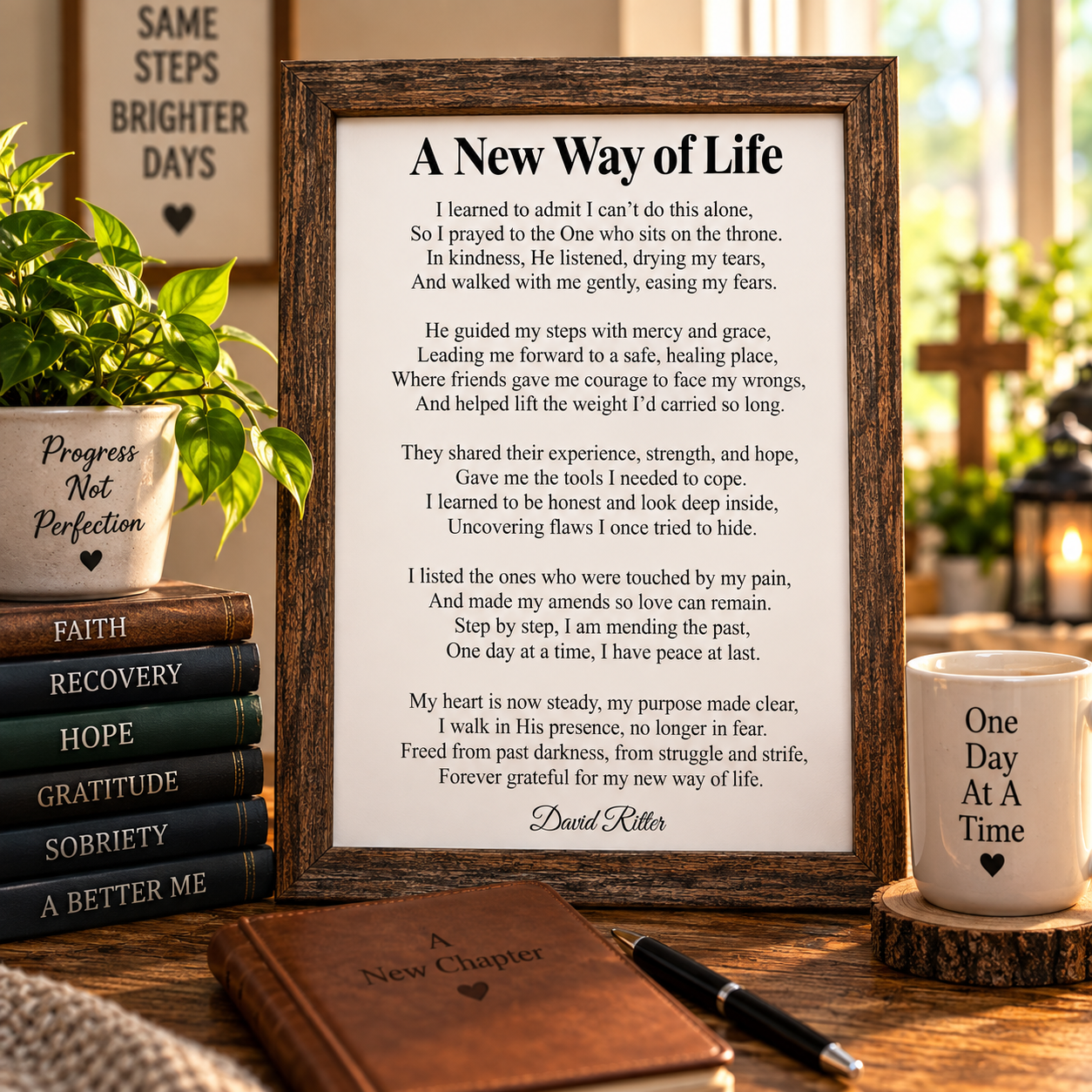 Framed display example of A New Way of Life poem by David Ritter.