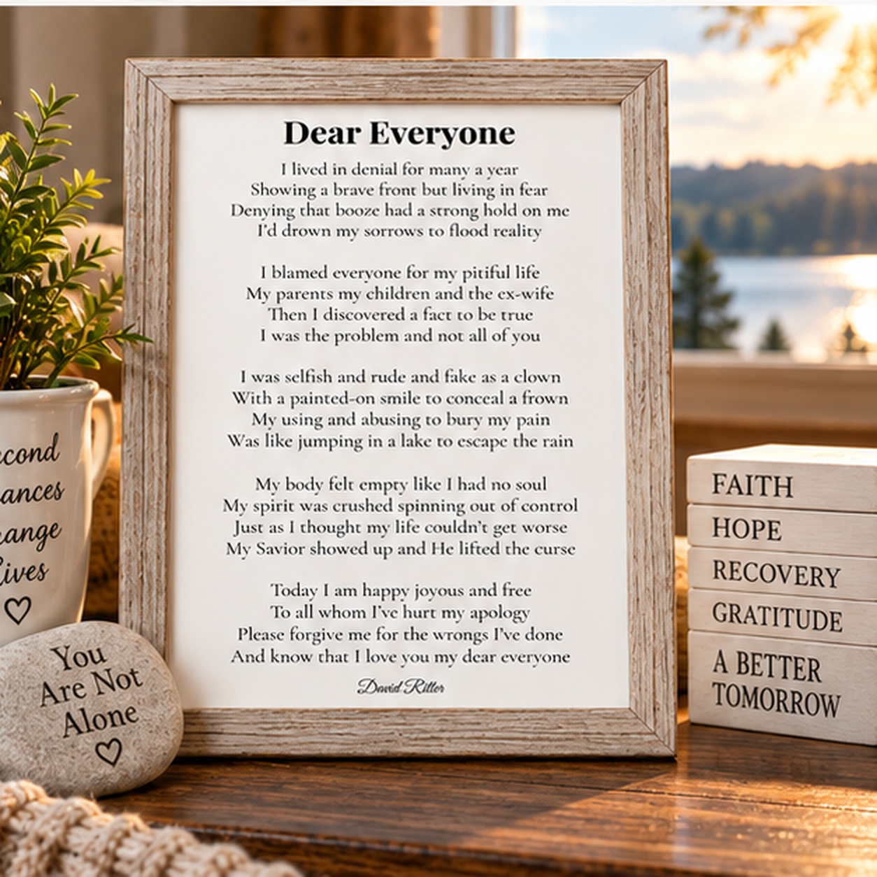Framed display example of Dear Everyone poem by David Ritter.