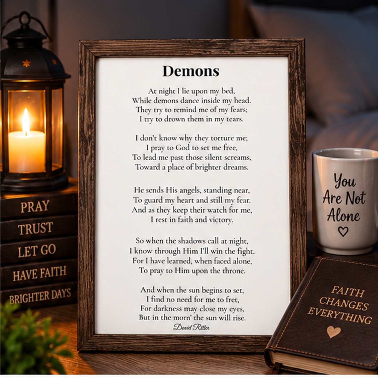 Framed display example of Demons poem by David Ritter.