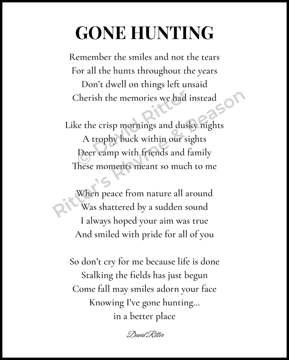 Watermarked preview of the Gone Hunting memorial poem by David Ritter